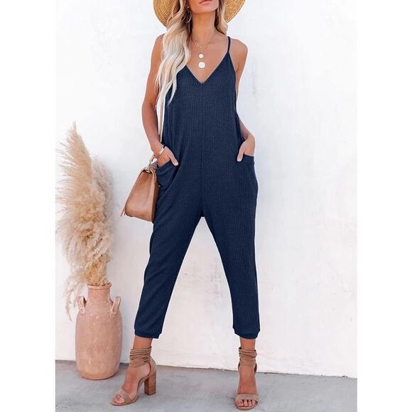 NWOT Casual Jumpsuit Romper Pockets Stretchy‎ Slouchy Navy Size XS - Picture 1 of 16